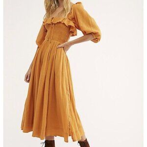 Free People Oasis Midi Dress Orange Nectar Cotton Gauze Smocked Slit Size Small